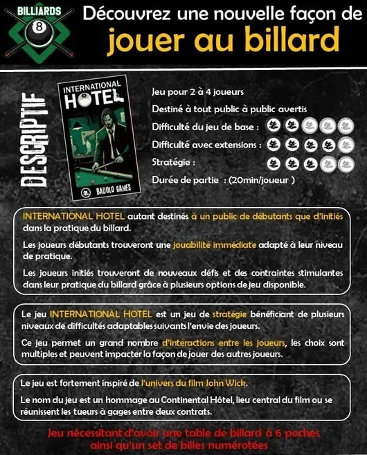 jeu de billard international hotel dé pool badolo games john wick cartes règles du jeu